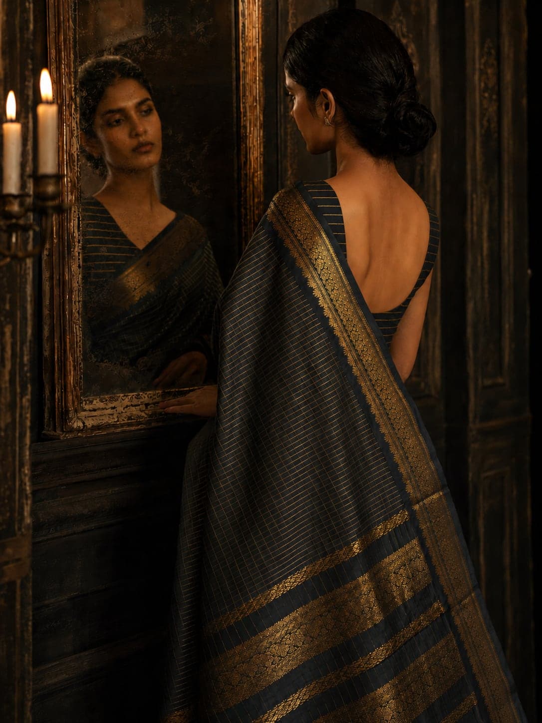 AI-generated rear view of a model wearing the saree beside an antique mirror.