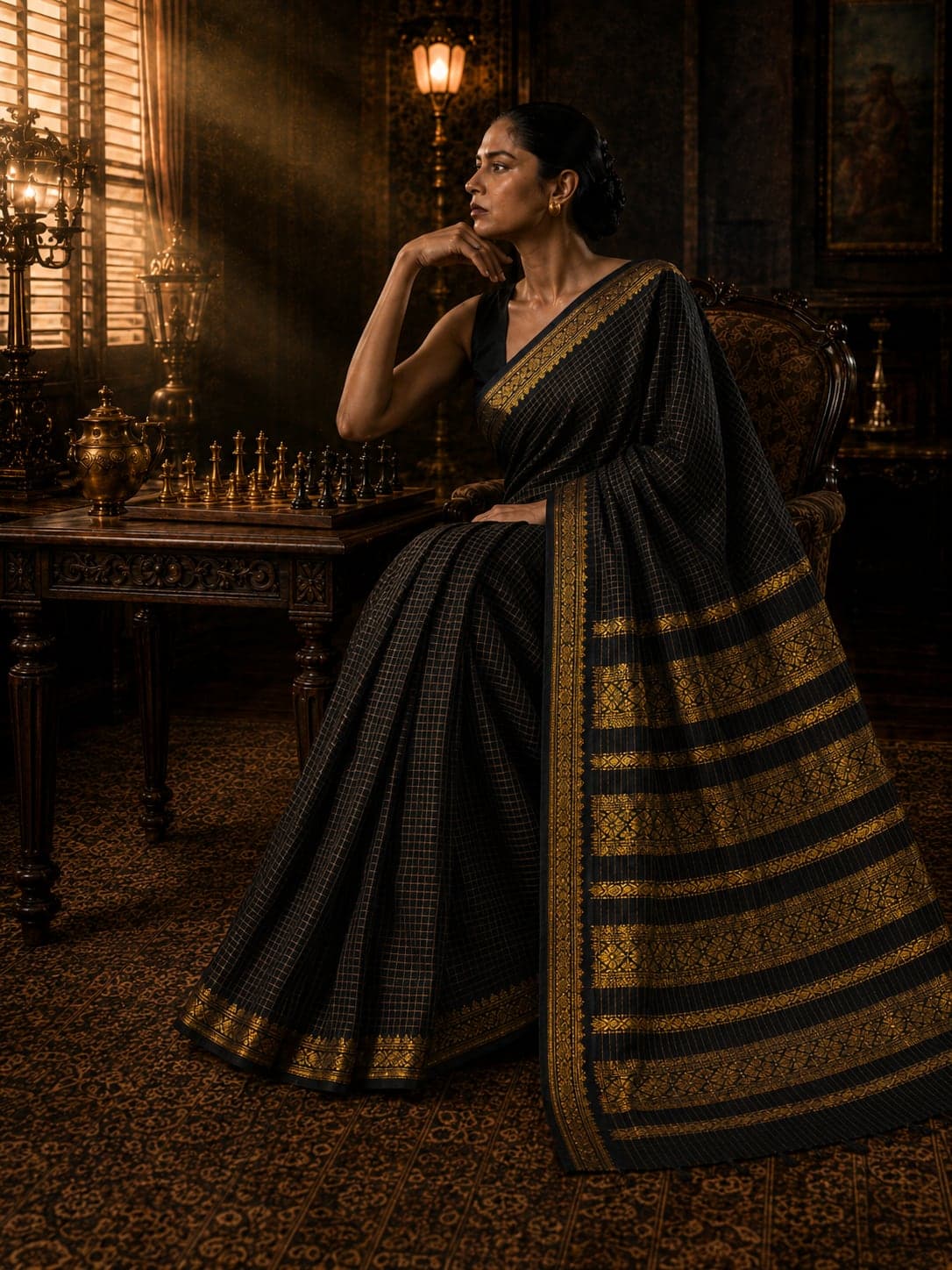 AI-generated catalogue image of a seated model displaying the saree drape and woven border.
