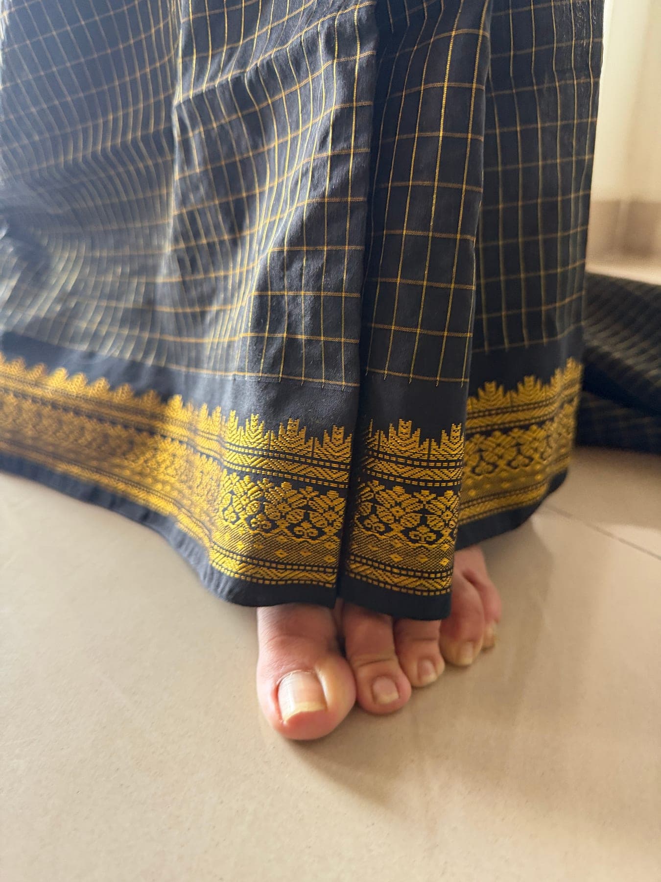 Self-shot reference showing the saree border and drape while worn.