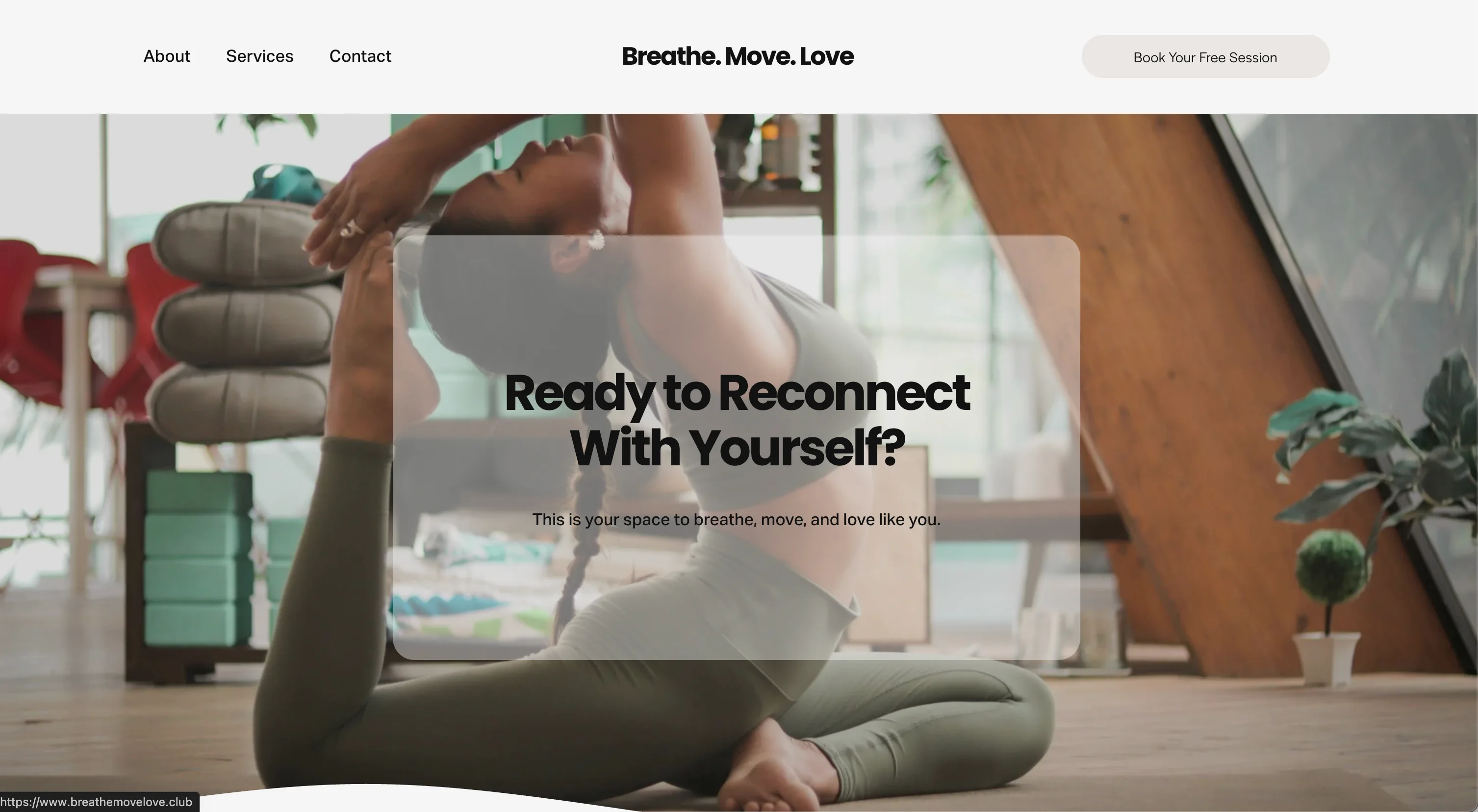 Breathe.Move.Love website homepage showing the brand hero and call to book a free session.